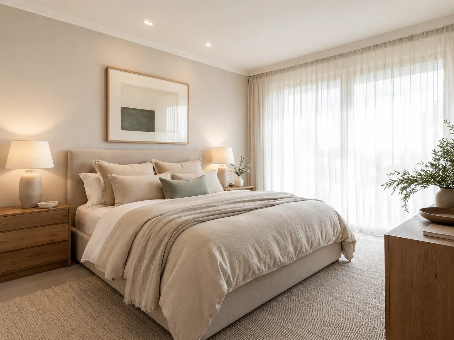 The same Australian bedroom rendered with new paint, coordinated bedding, layered lighting and styled soft furnishings