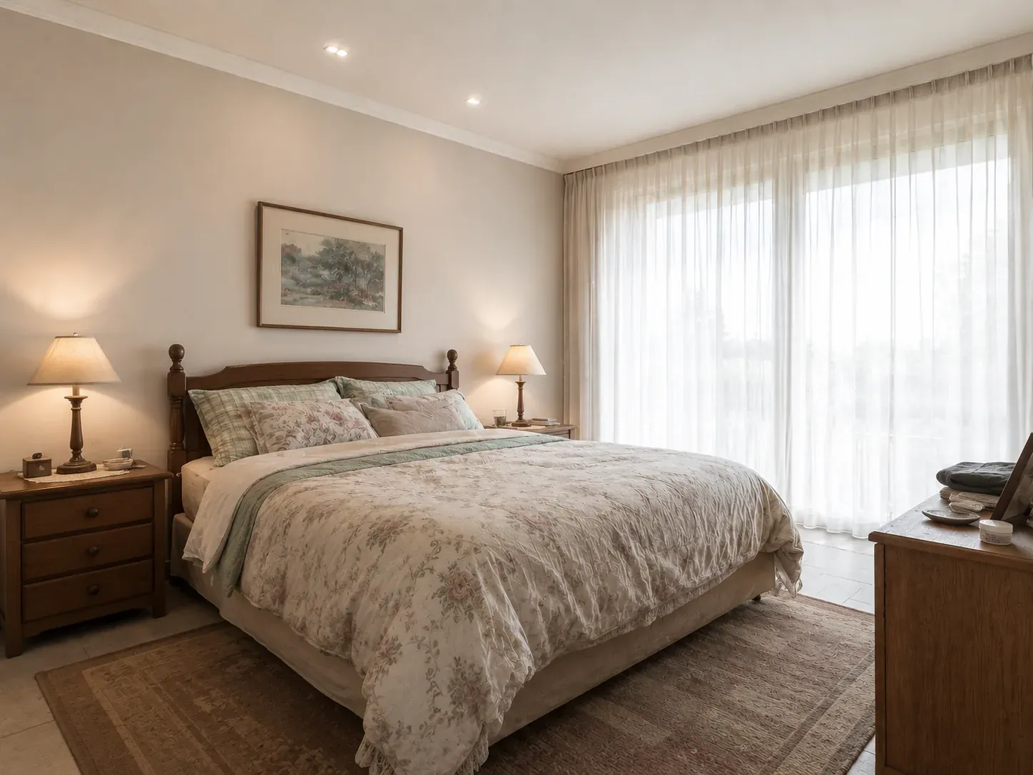 Dated Australian bedroom before restyle with mismatched furniture, flat overhead lighting and minimal styling