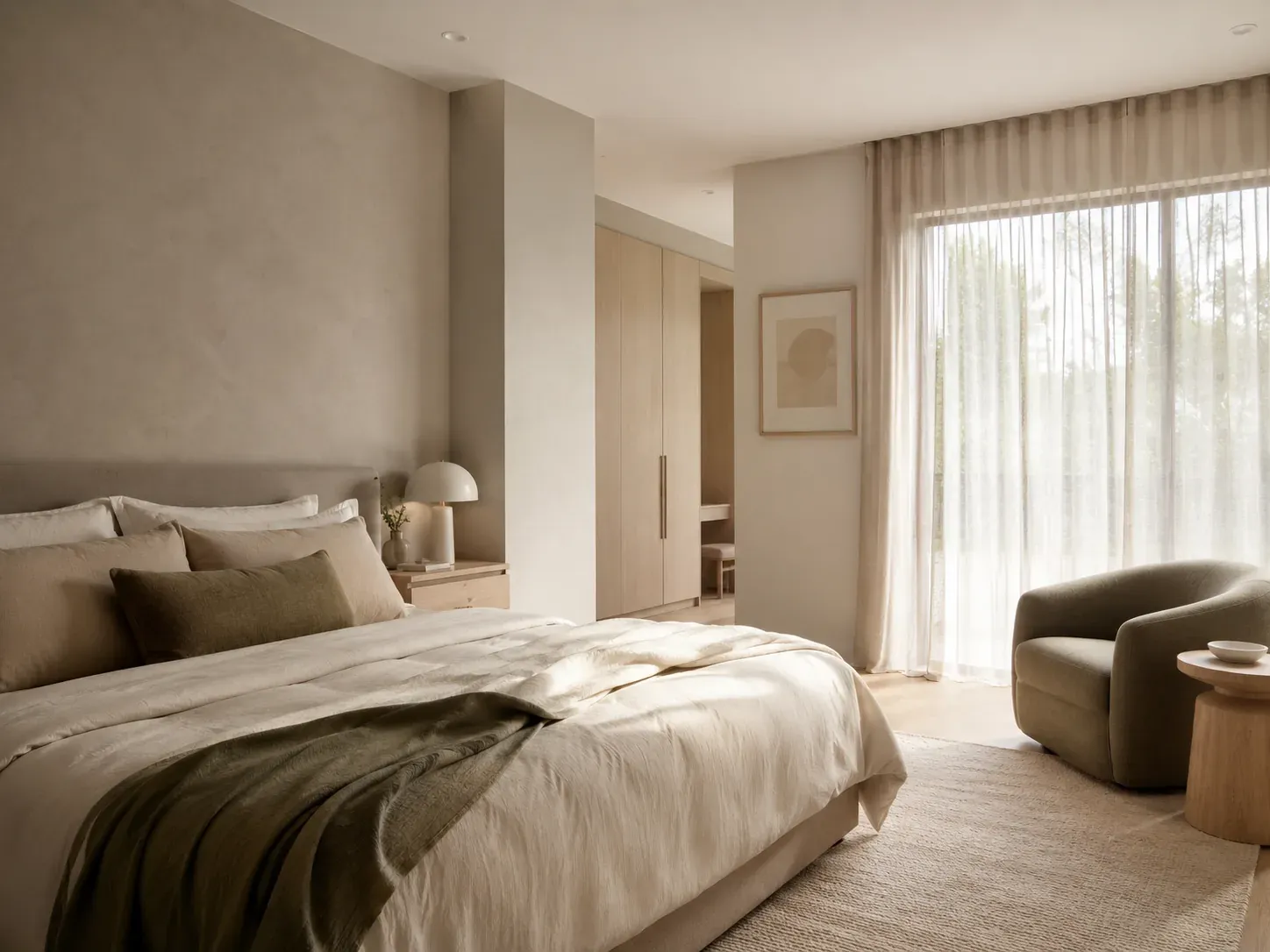 Calm Australian bedroom illustrating sleep, storage and sanctuary with soft neutrals and layered bedding