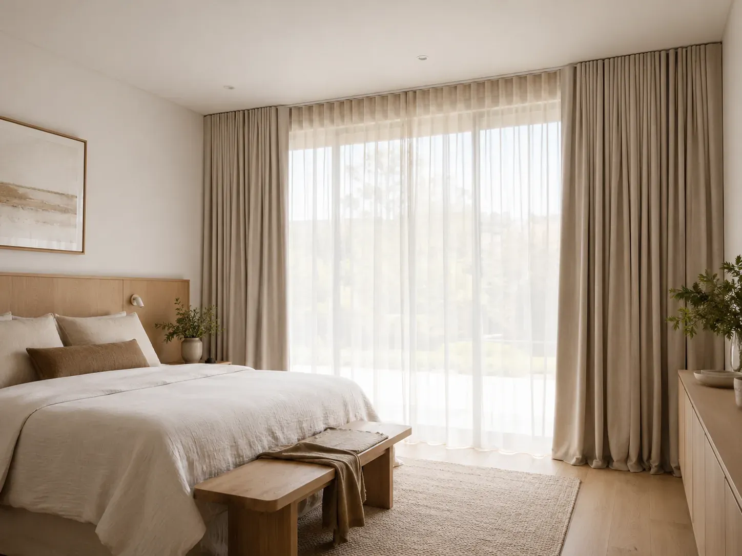 Australian bedroom with sheer inner curtains and blockout outer layer hung near the ceiling to the floor