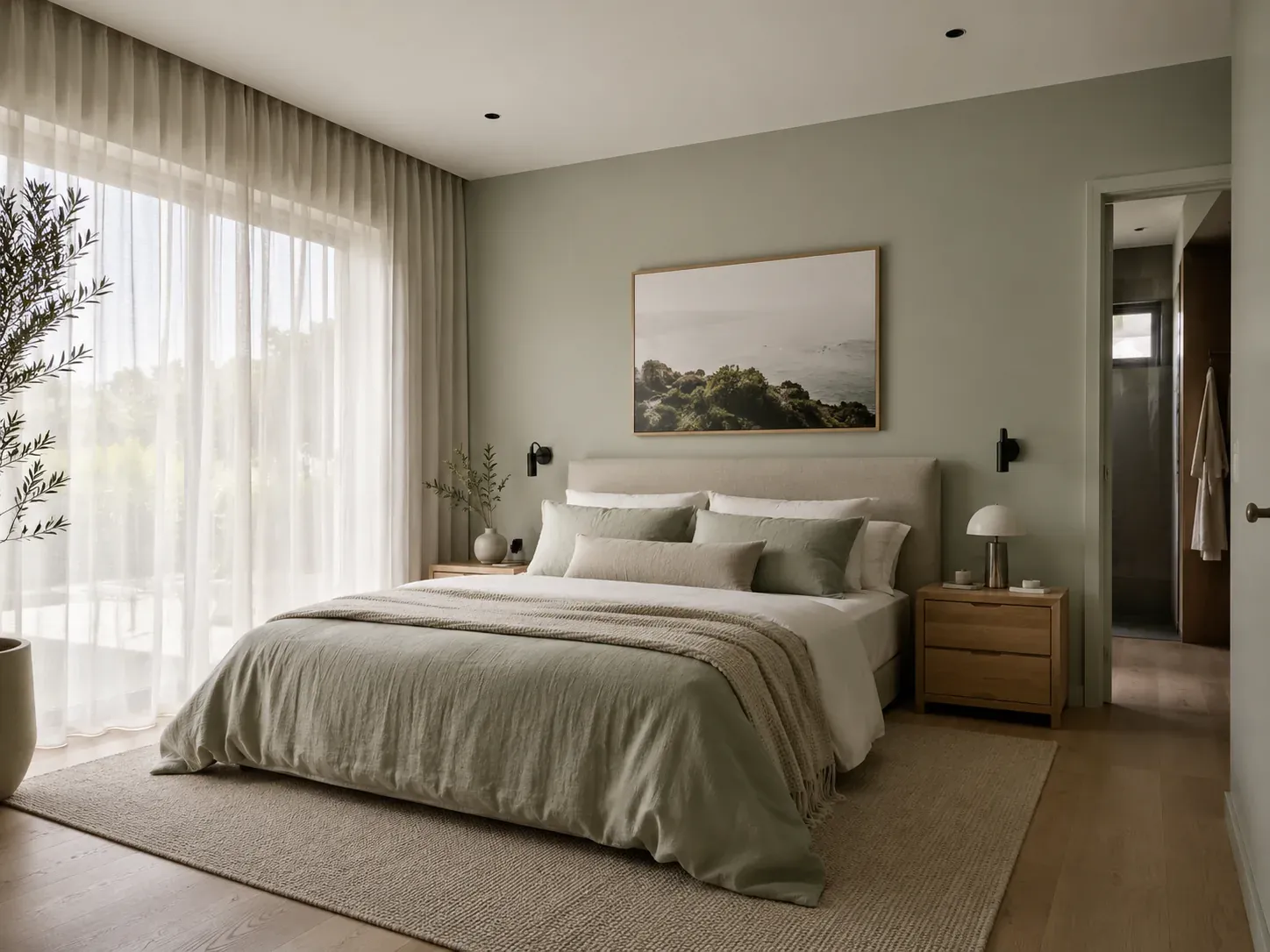 Australian bedroom with soft sage-green walls, oatmeal bedding and a cool low-saturation palette