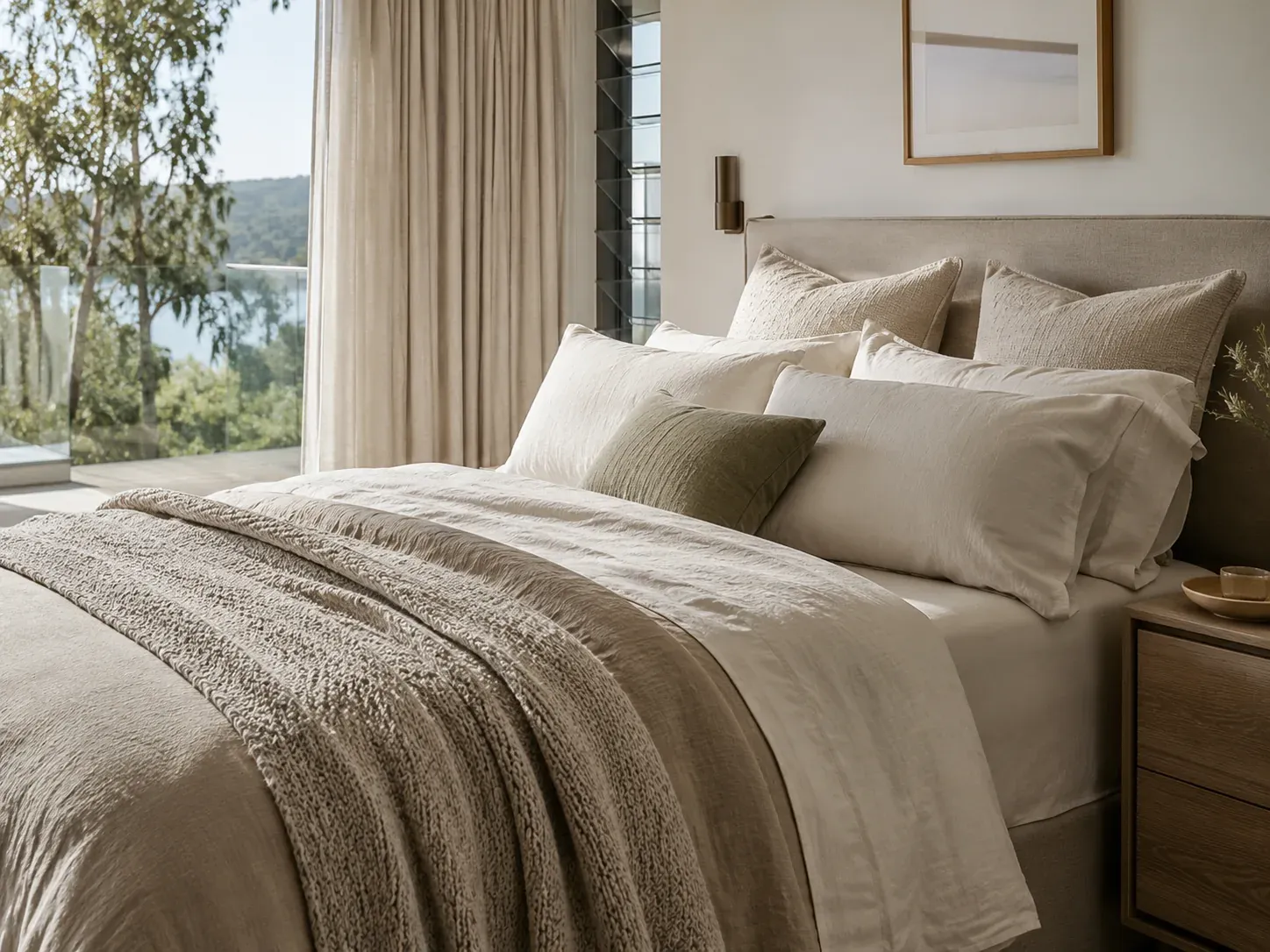 Cross-section of a styled queen bed showing sheets, quilt, throw, sleeping pillows, European pillows and accent cushion