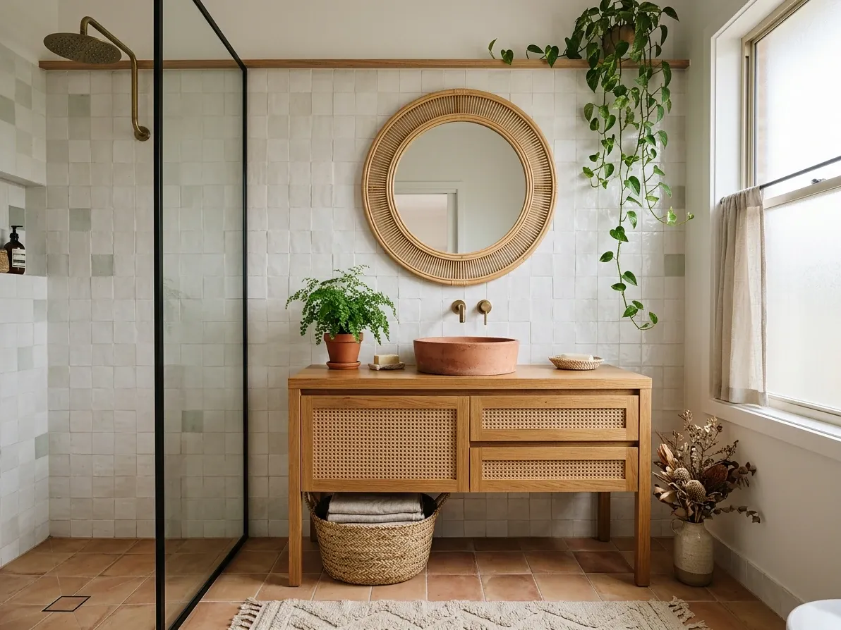 Boho Australian bathroom with terracotta tile, rattan mirror and aged brass tapware