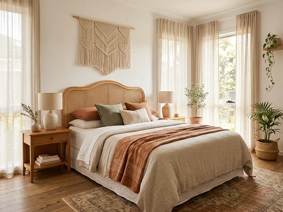 Modern boho Australian bedroom with rattan bedhead, layered linen bedding and one statement wall piece