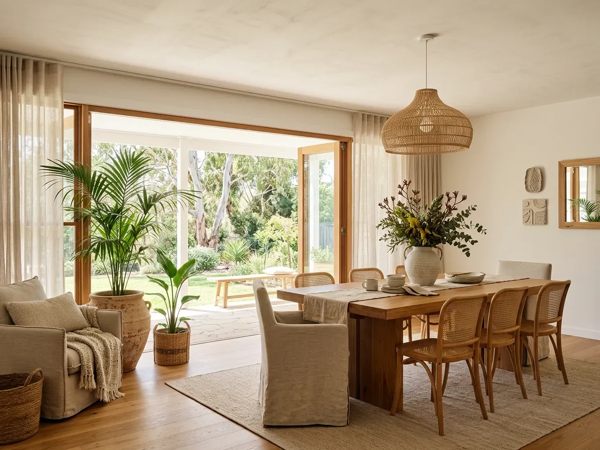 Australian boho room with linen textiles, indoor plants and open indoor-outdoor flow