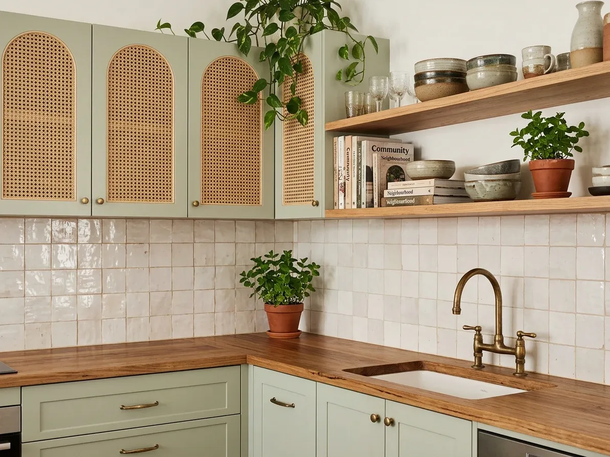 Australian boho kitchen vignette with cane-front cabinetry, open shelves and collected ceramics