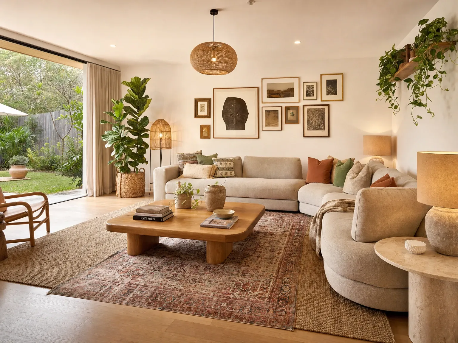 The same living room after a warm modern boho fit-out with layered rugs and gallery wall