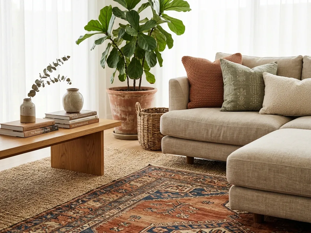 Modern boho living vignette with layered kilim rug, linen cushions and a statement plant