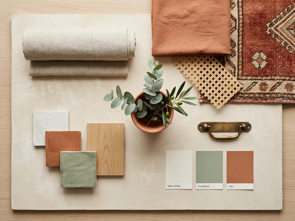 Boho material flatlay with warm whites, honey timber, terracotta and sage accents