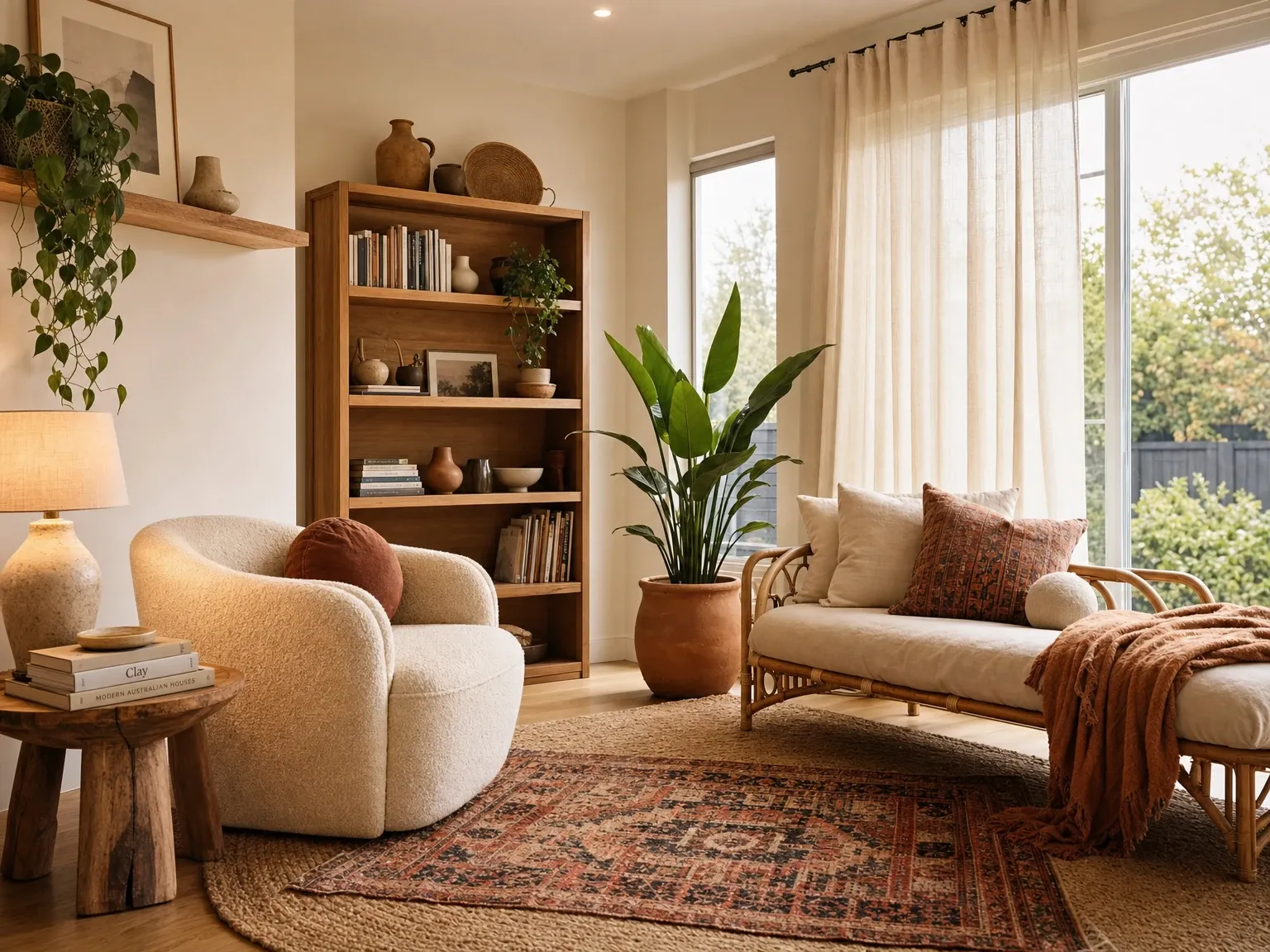 The same nook after a warm modern boho styling visualisation with layered rugs and collected objects