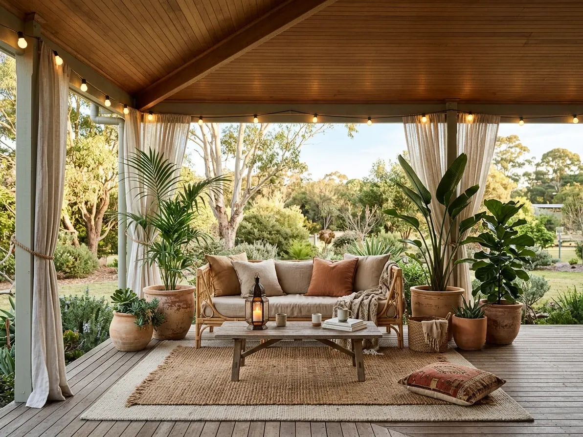 Australian boho verandah with rattan seating, festoon lights and layered outdoor textiles