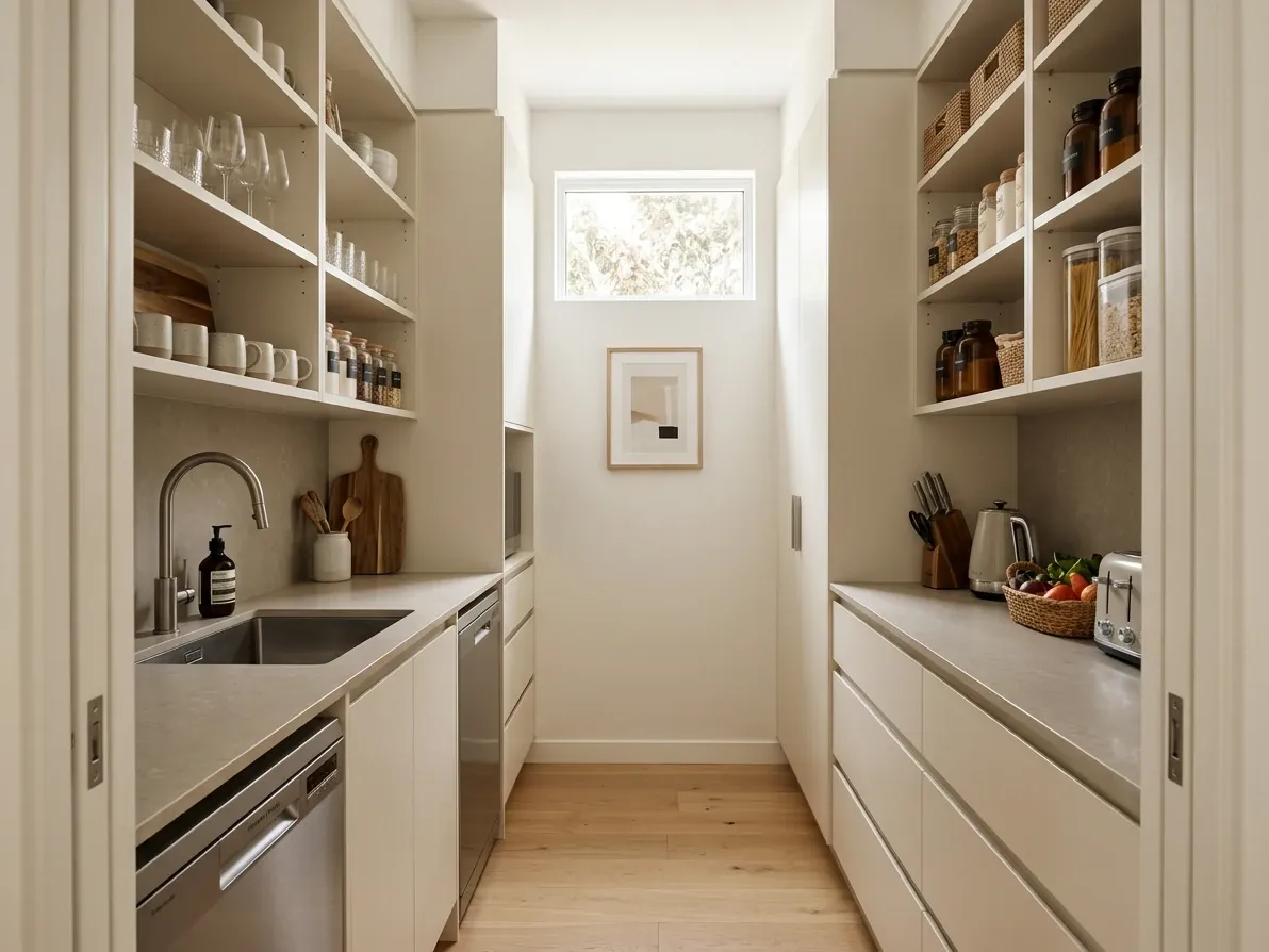 Working Australian scullery with a second sink, dishwasher and pantry storage