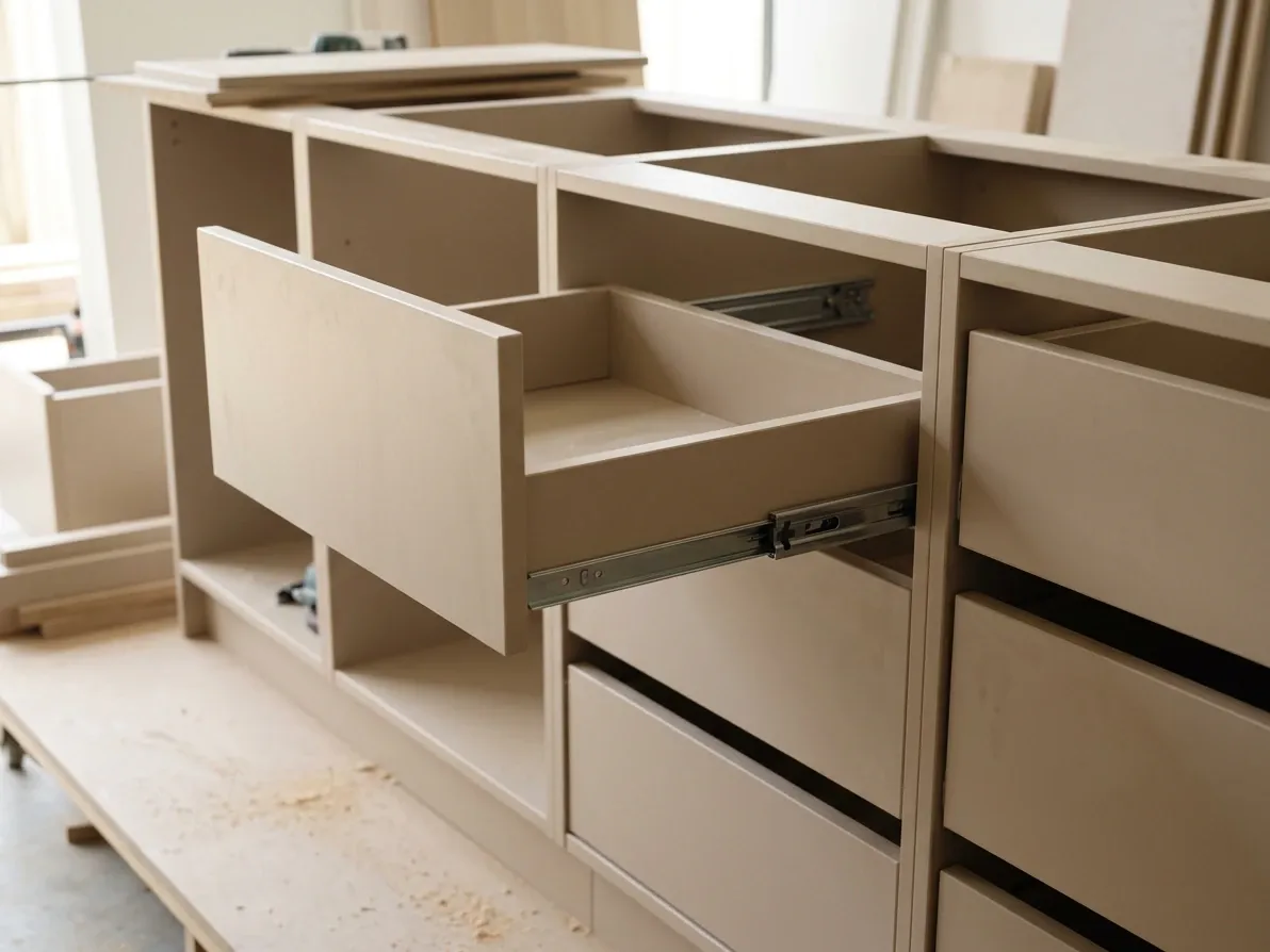 Cross-section of Australian kitchen cabinet construction showing carcass, doors and hardware layers