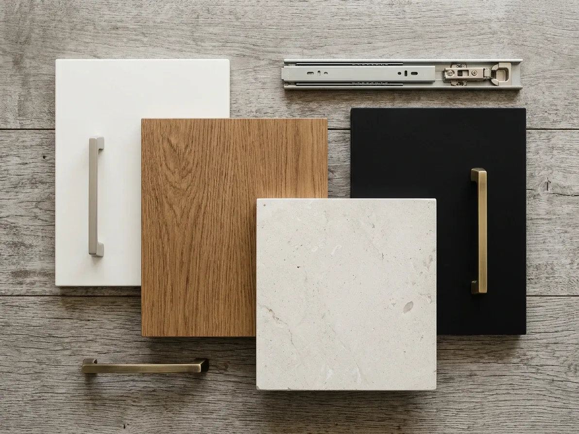 Flat lay of kitchen cabinet samples showing carcass, door profile, colour and hardware decisions