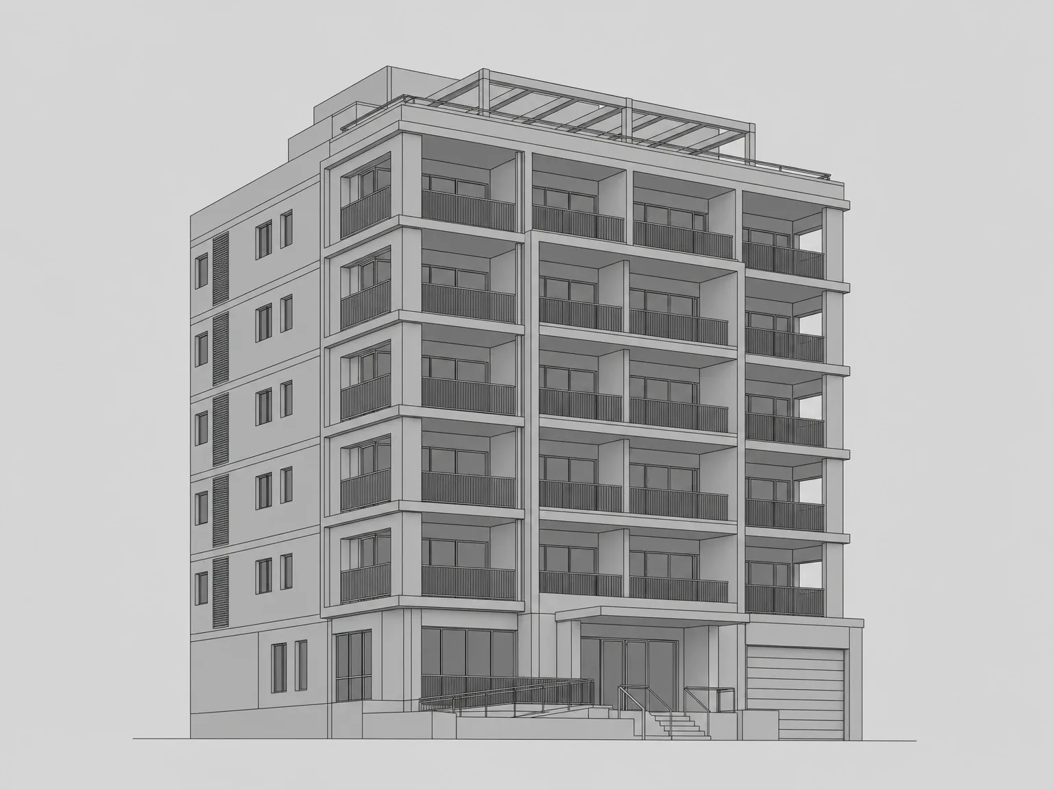 Flat-shaded grey CAD wireframe model of a mid-rise Australian apartment building