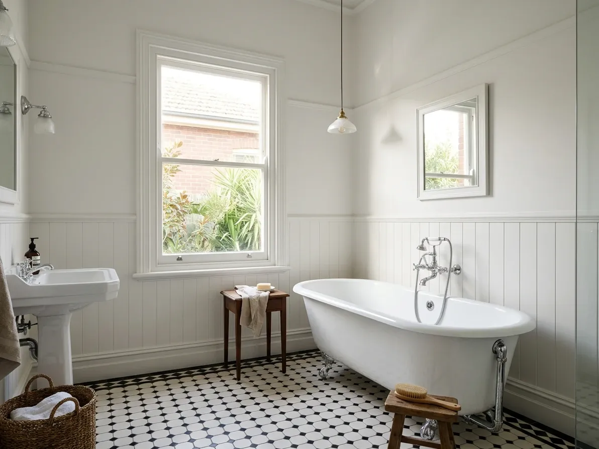 A cast iron freestanding bath in a heritage Australian bathroom