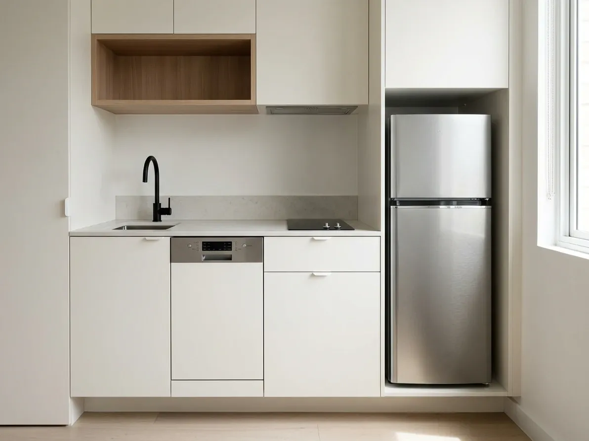 A compact appliance run with an integrated slimline dishwasher, induction cooktop and slimline fridge