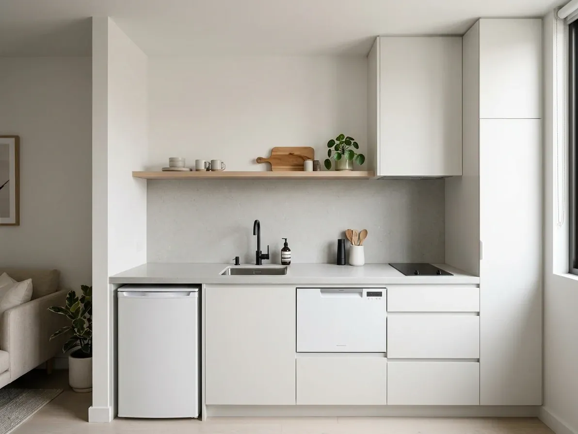 A compact single-wall kitchenette with a sink, cooktop and small fridge in a short run