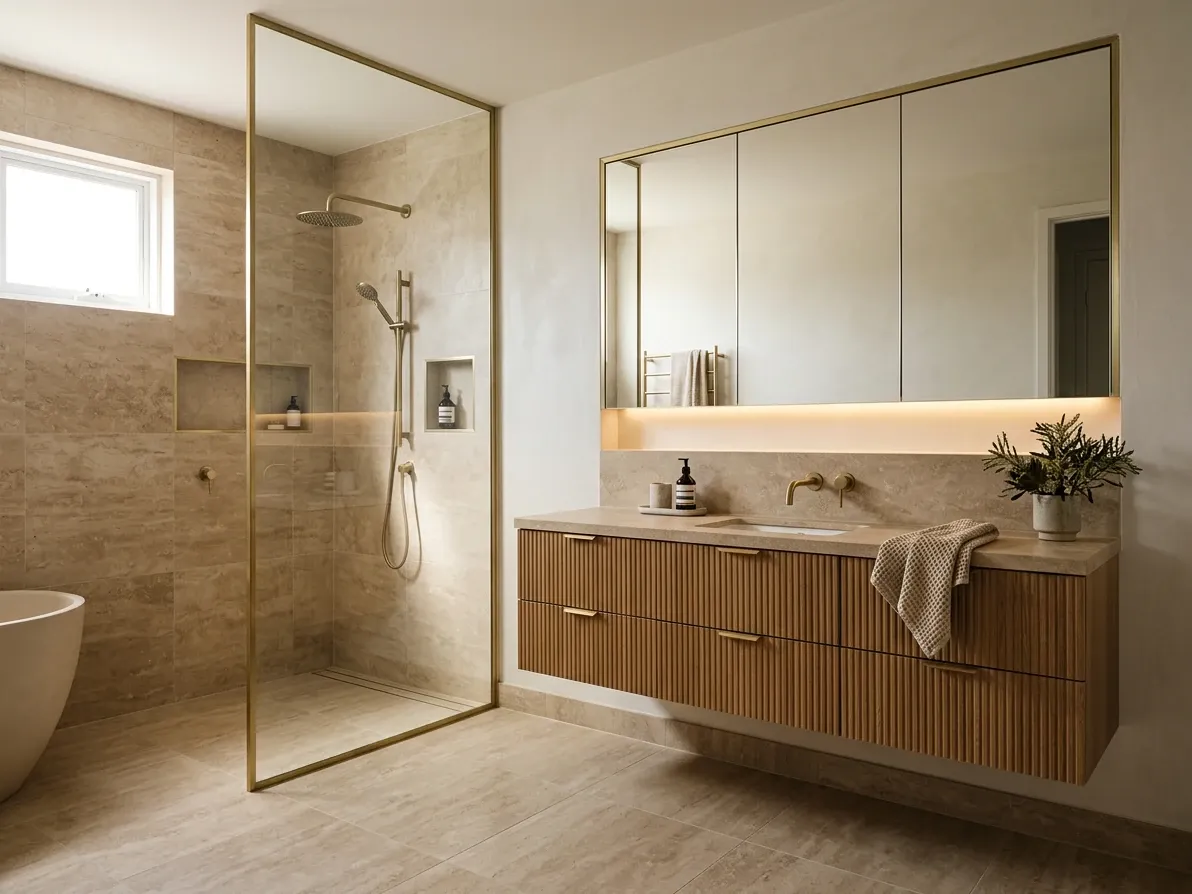 Warm contemporary Australian bathroom with large-format stone-look porcelain, wall-hung drawer vanity and a single coherent brass finish