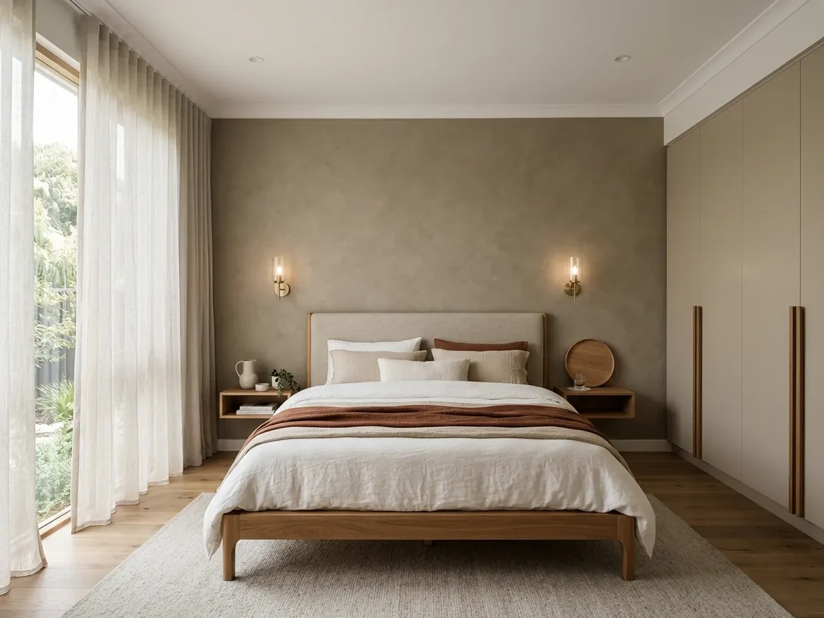 Calm contemporary Australian bedroom with a tonal accent wall behind a low platform bed, upholstered bedhead and layered linen bedding