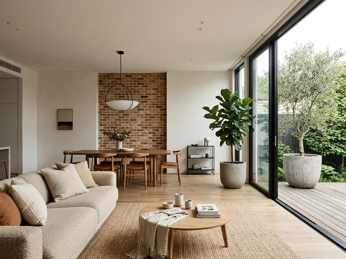 Contemporary soft industrial living room in warm 2026 Australian style