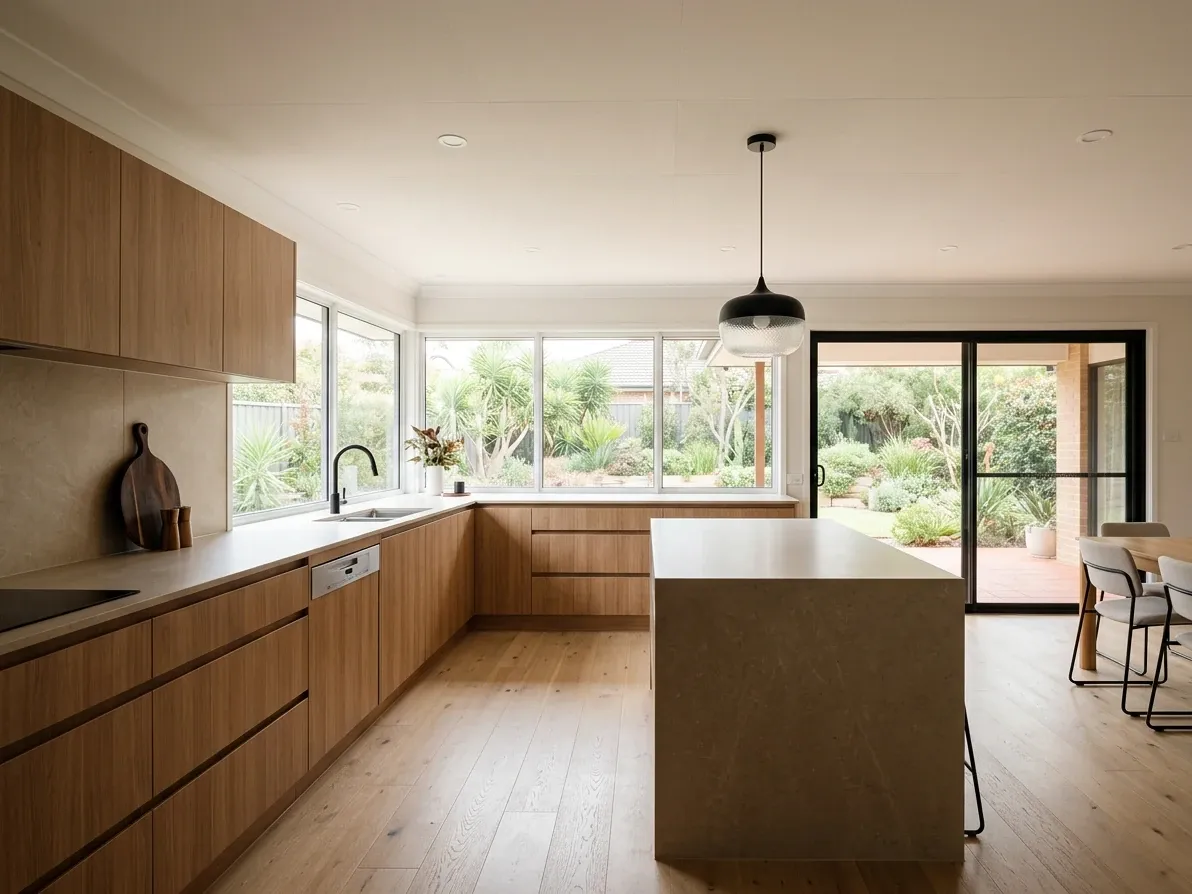 Mid-range contemporary Australian kitchen with handleless thermofoil cabinetry, sintered stone benchtop and matte black tapware