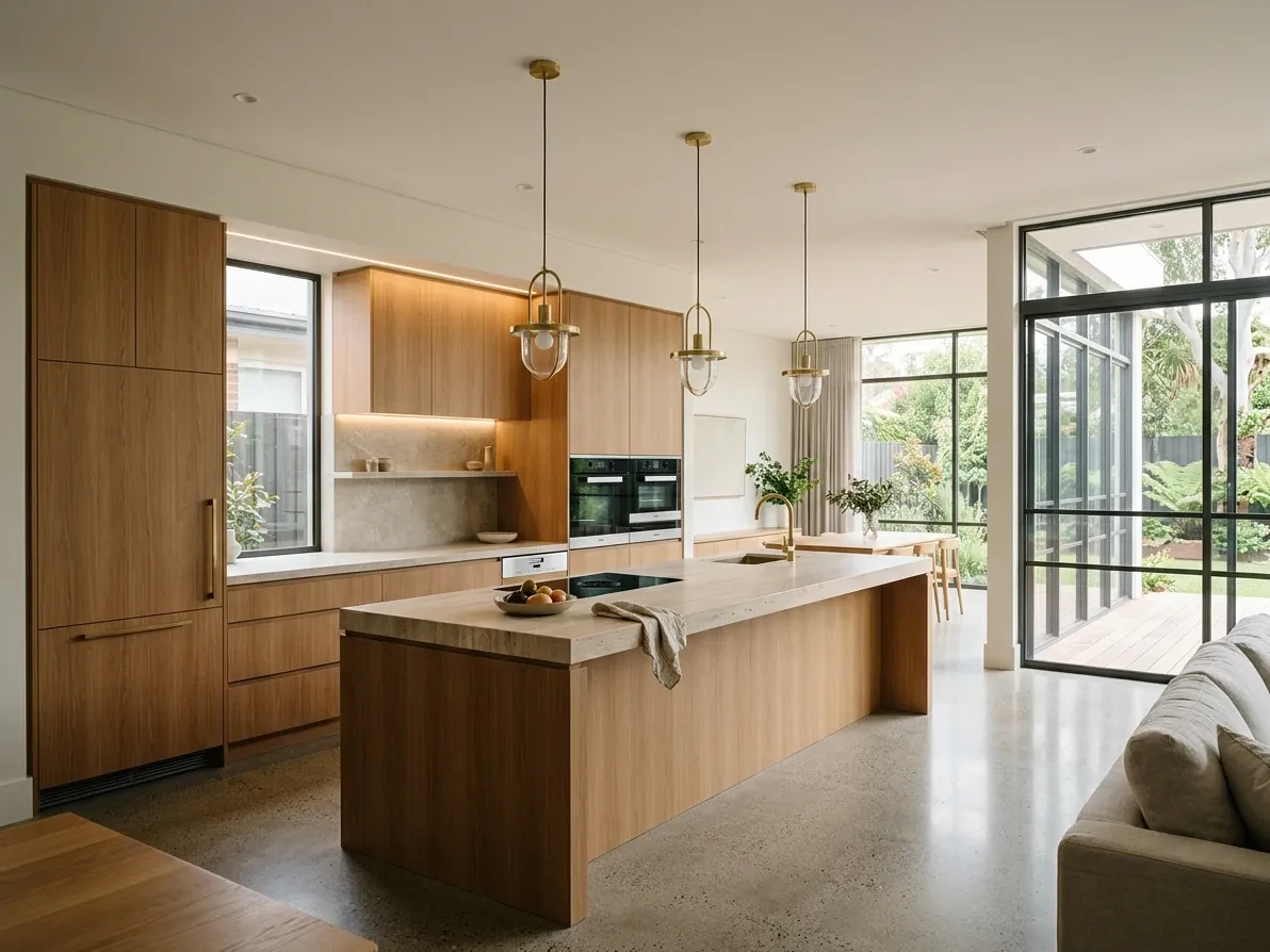 Contemporary Australian kitchen with a long island, full-height pantry, integrated appliances, honed stone benchtop and a single tapware finish