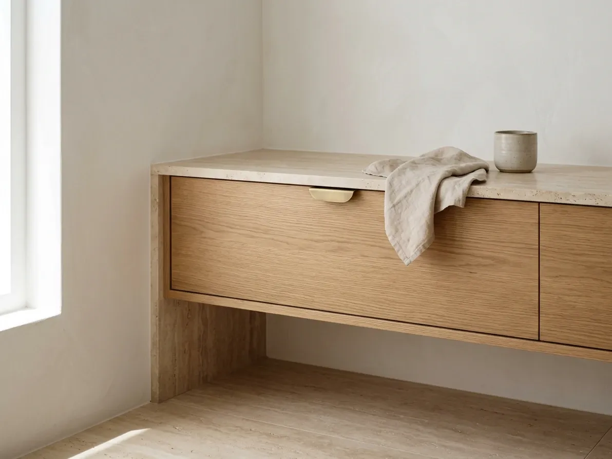 Tight architectural corner where honed travertine, mid-tone oak, warm white plaster and brushed brass hardware meet in a contemporary Australian home