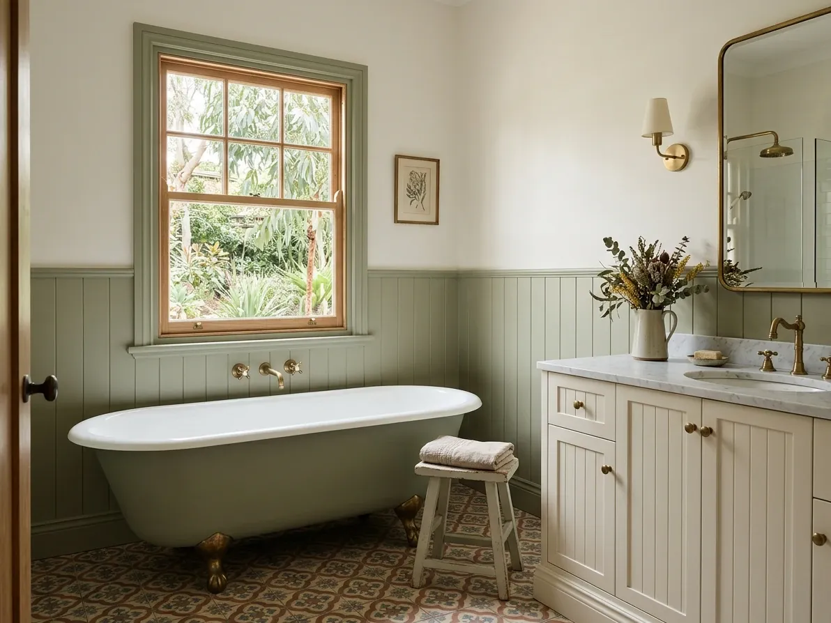 Australian cottage bathroom with clawfoot tub and VJ wall panelling