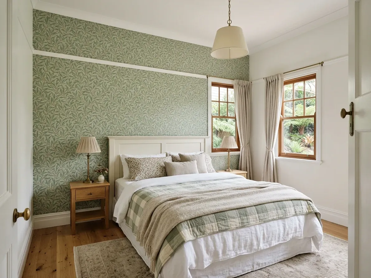 Cottage bedroom with botanical feature wallpaper and collected soft furnishings