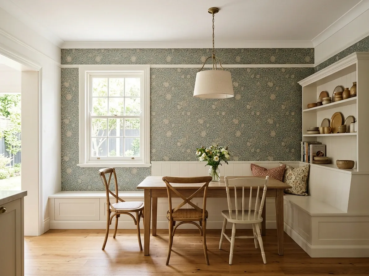 Cottage dining room with layered pattern, painted joinery and collected decorative pieces