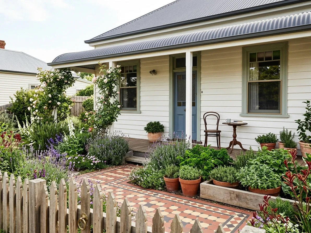 Australian cottage front garden with mature planting and a considered path to the entry