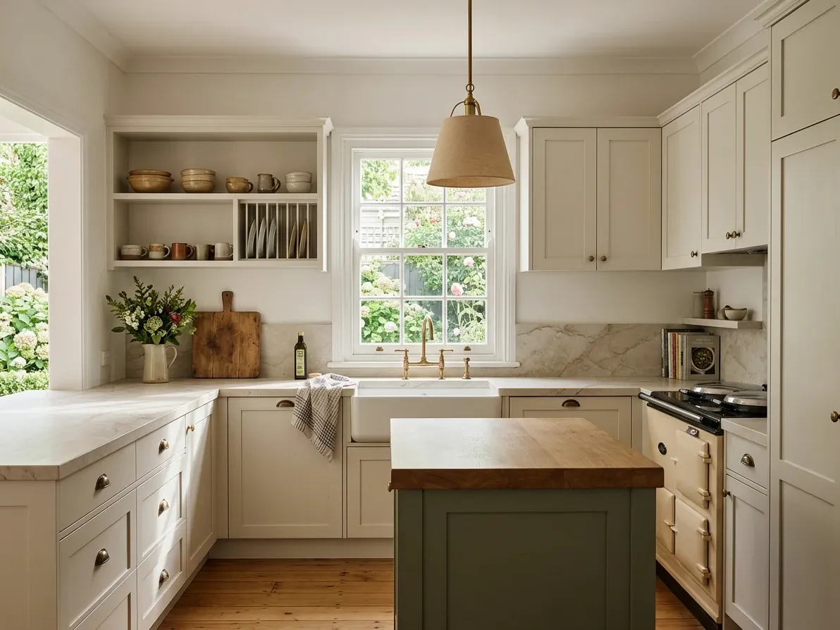 Australian cottage kitchen with shaker cabinetry and a fireclay butler sink