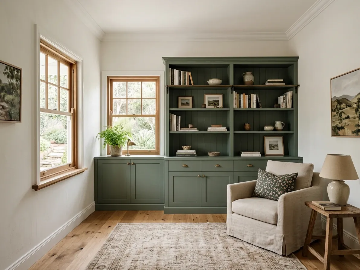 Cottage interior material vignette showing warm white walls, honey oak and deeper accent tones