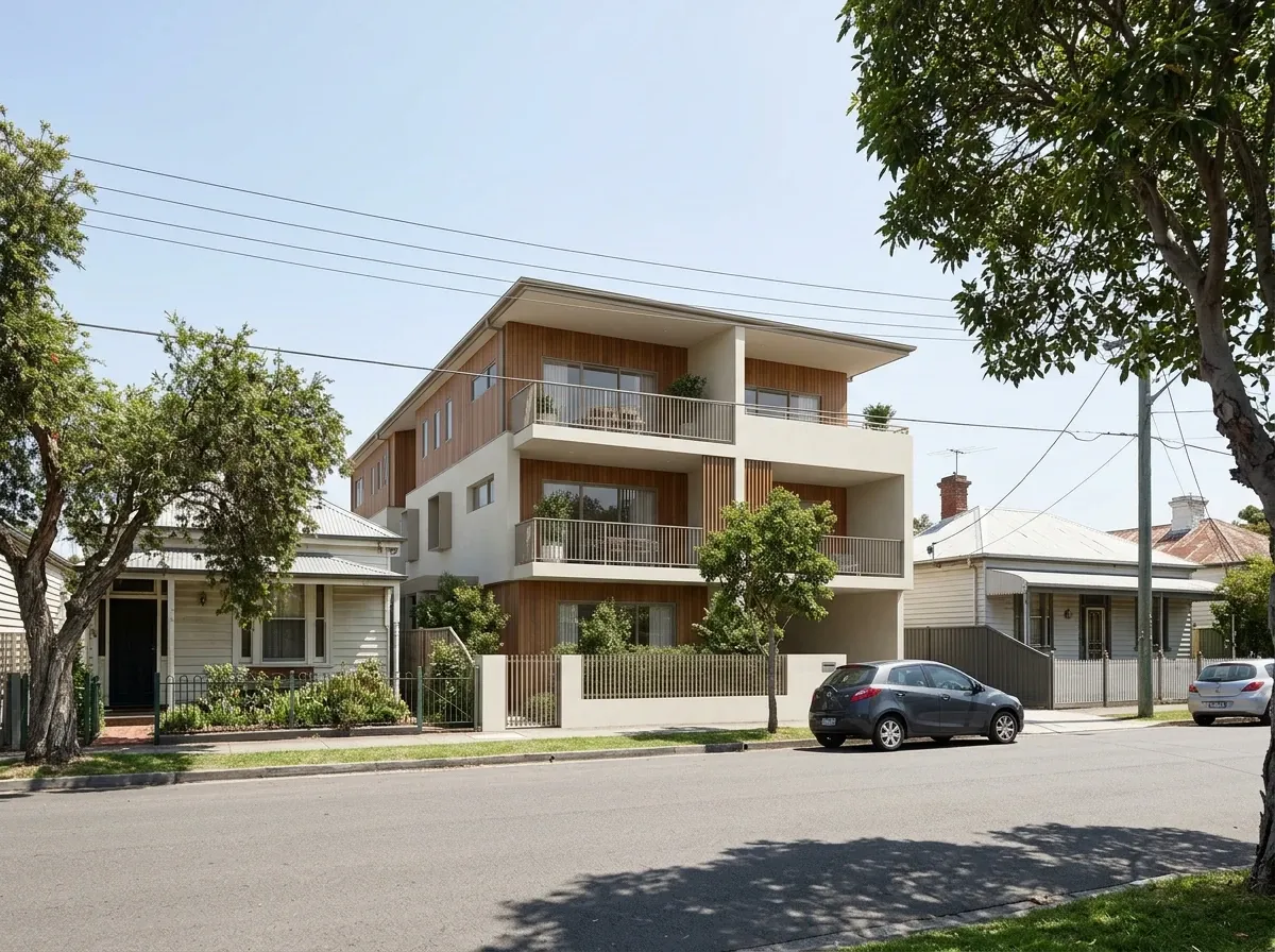 DA photomontage compositing a proposed mid-rise building into a real Sydney streetscape photograph