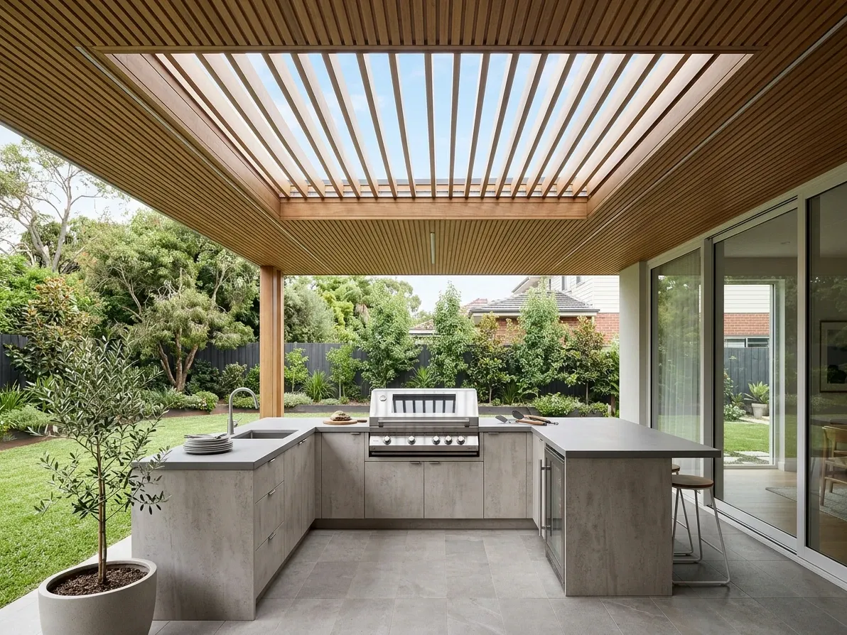 Covered alfresco outdoor kitchen with a resolved roof structure overhead
