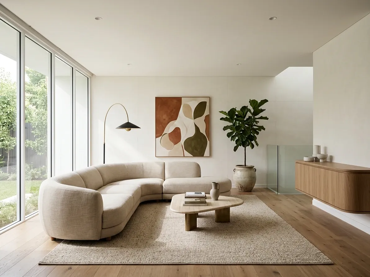 Contemporary Australian living room anchored by a sculptural curved modular lounge with a natural-fibre rug and architectural plant