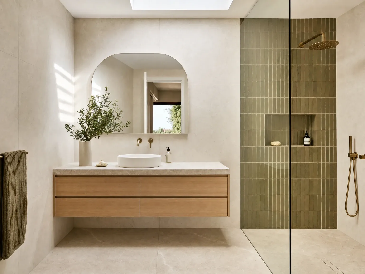 Same Australian bathroom renovated with warm large-format porcelain and a single feature tile zone