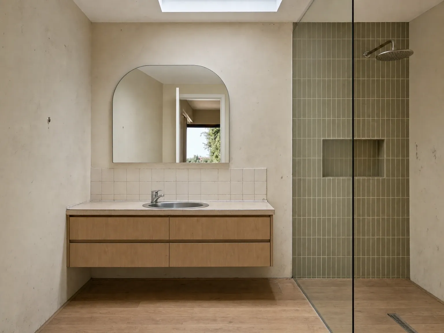 Dated 2010s Australian bathroom with cool white subway tile and dark grout