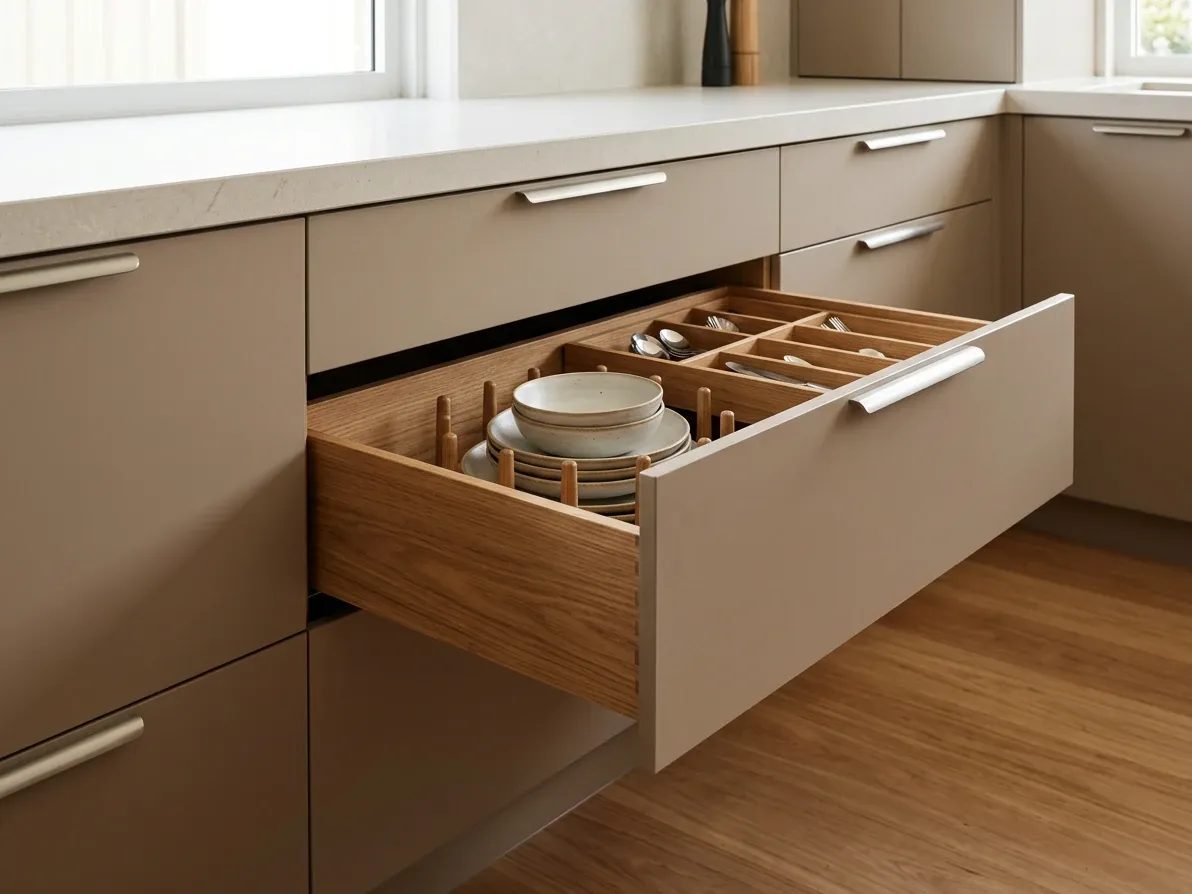 Deep drawer bank in an Australian kitchen base run with plates, bowls and cookware visible at a glance