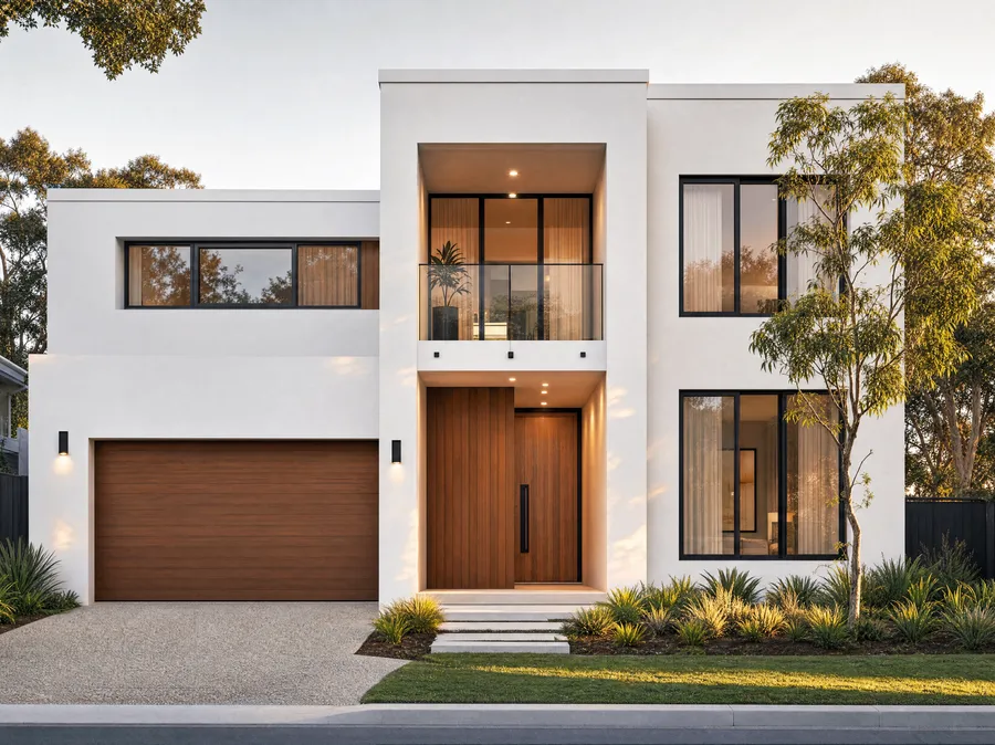 Concept direction one: white render with blackbutt timber