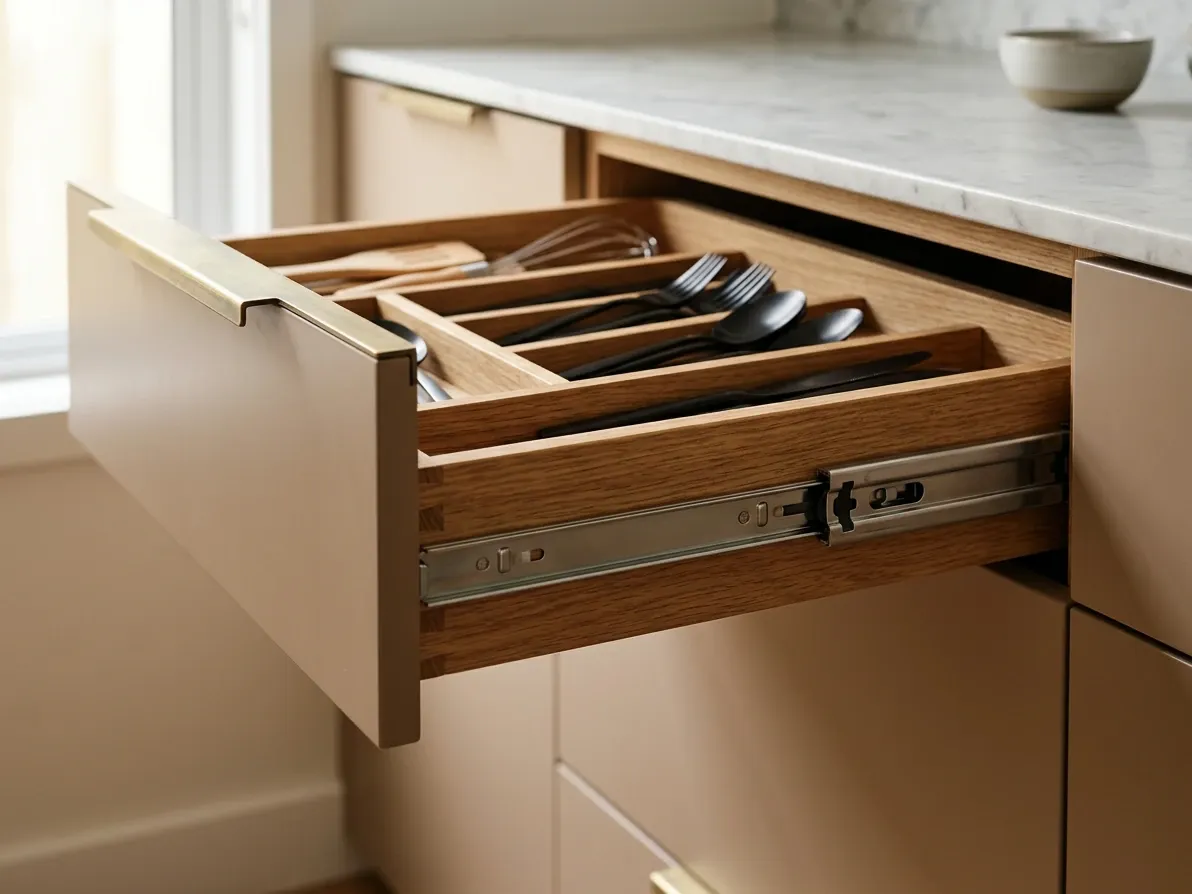 Open Australian kitchen drawer with full-extension soft-close runners and organised contents