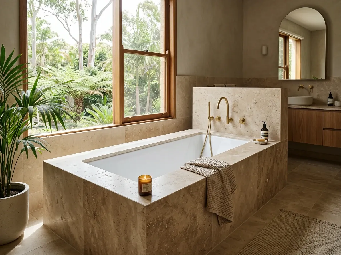 A drop-in bath set inside a stone-clad surround under a window