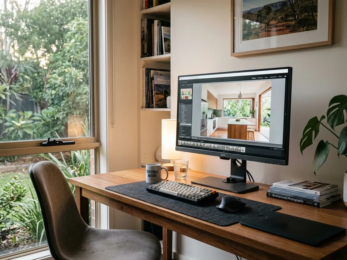 Australian real estate photographer home editing workstation with calibrated monitor showing a listing photo