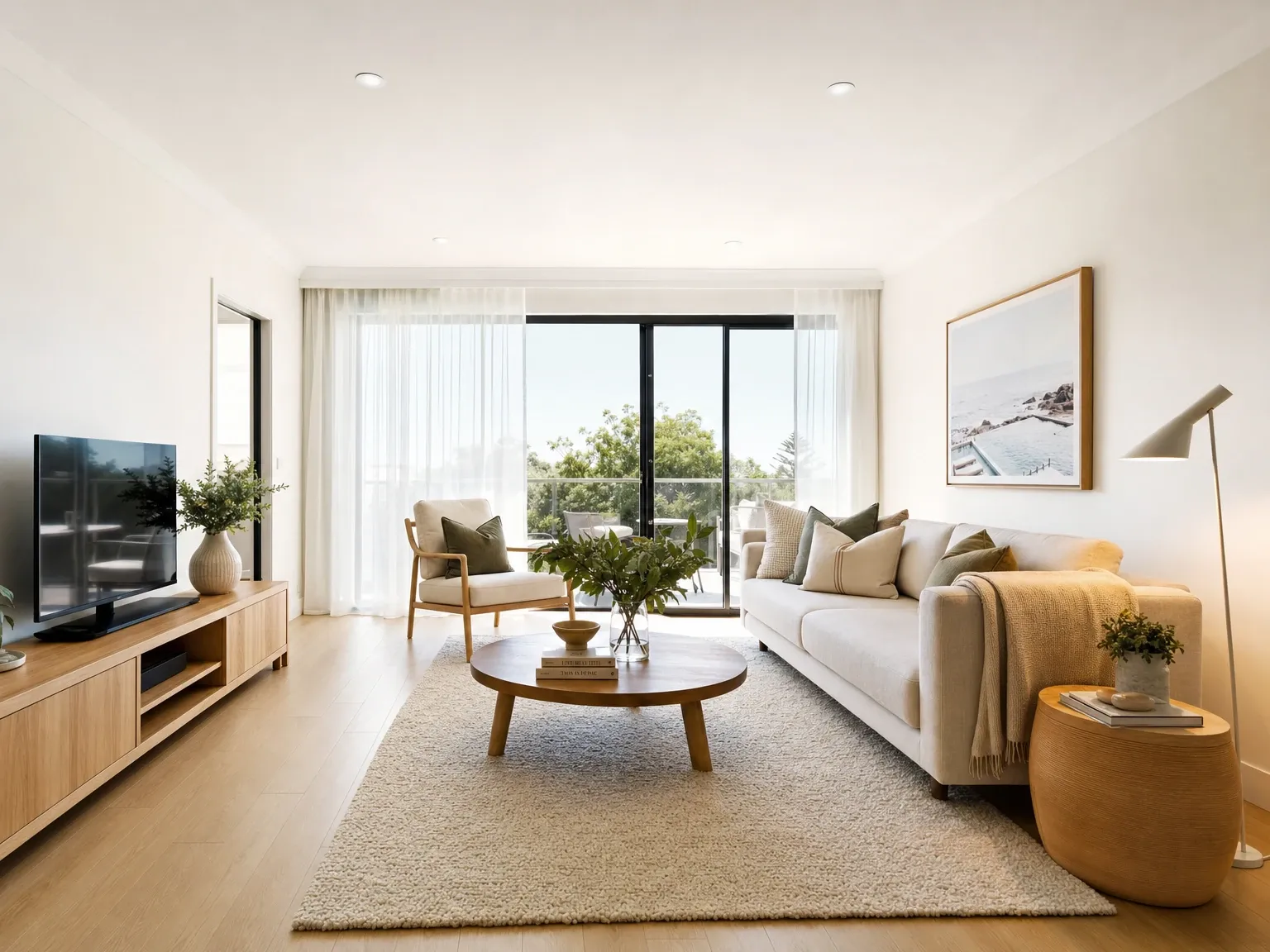 The same living room after image-to-image AI adds modern coastal furniture and styling
