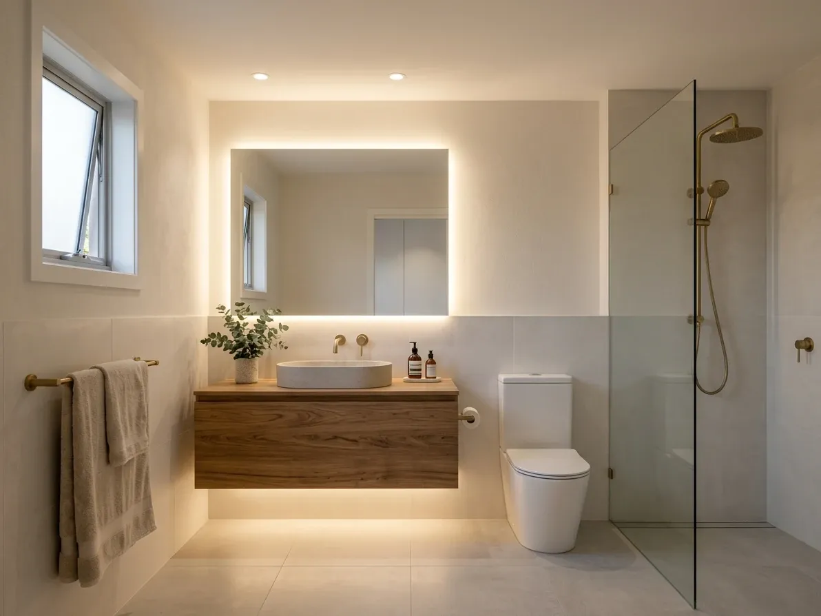 Ensuite with layered ambient, vanity and under-bench accent lighting