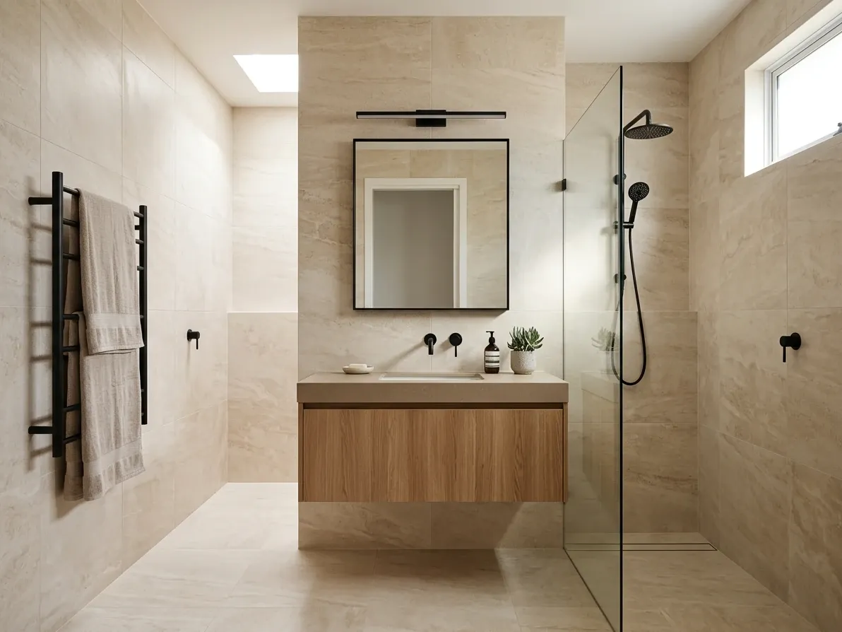 Ensuite with cohesive floor-to-ceiling tile, timber vanity and matte black tapware