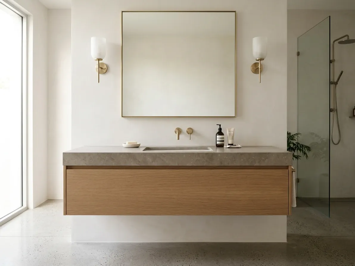 Wall-hung single-basin ensuite vanity with generous bench space