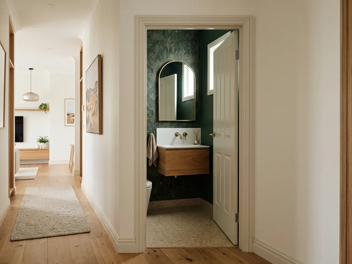 An open powder room door from the entry corridor, with the basin visible inside and the toilet off-axis