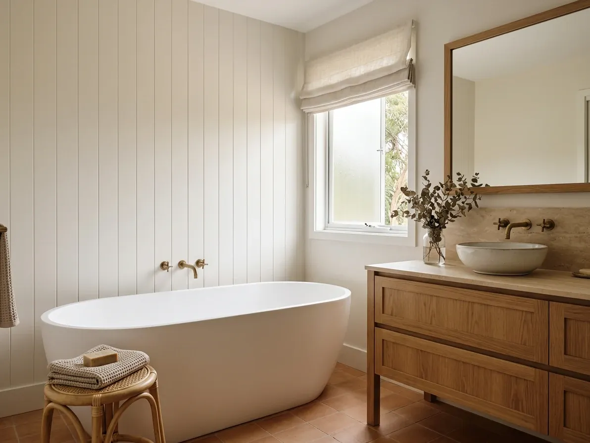 Modern farmhouse bathroom with freestanding bath, V-groove panelling and oak vanity